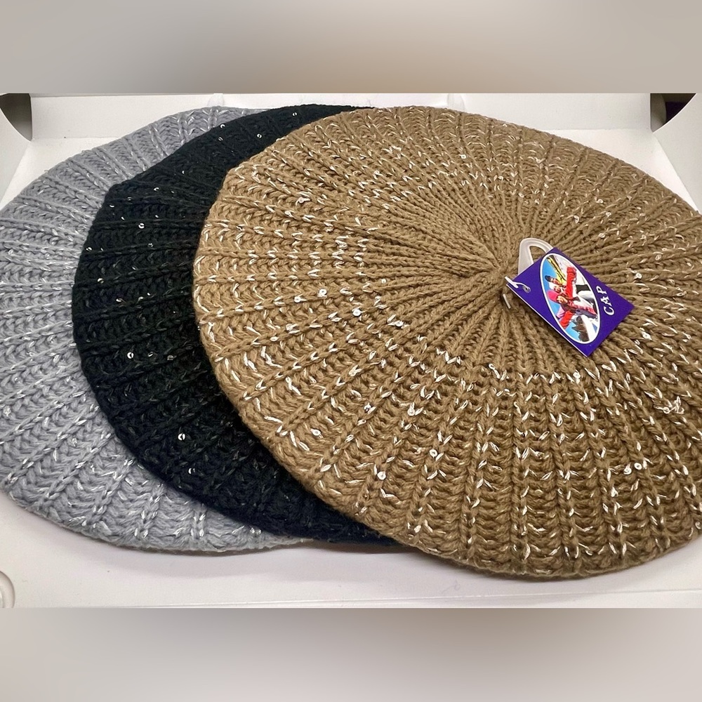 NWT lot X 3 knit sequin detain hats caps solid grey, solid black , beige